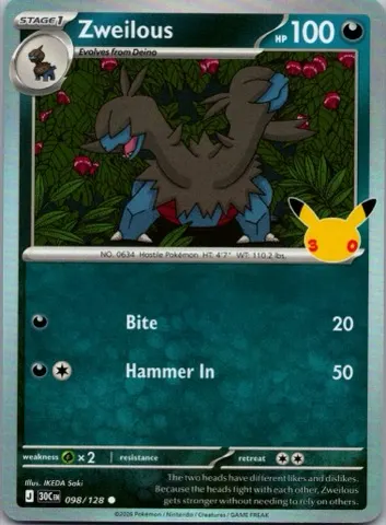 Zweilous Pokémon card, 30th Celebration number 098/128