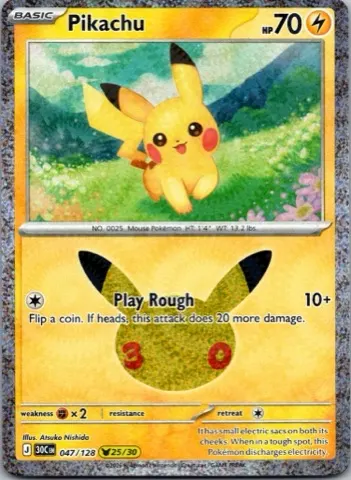 Pikachu Pokémon card, 30th Celebration number 047/128