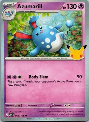 Azumarill Pokémon card, 30th Celebration number 068/128