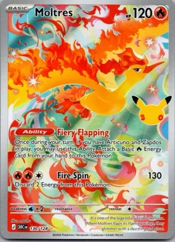 Moltres Pokémon card, 30th Celebration number 130/128