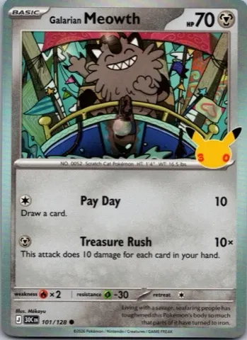Galarian Meowth Pokémon card, 30th Celebration number 101/128