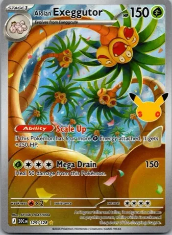 Alolan Exeggutor Pokémon card, 30th Celebration number 129/128
