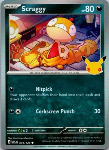Scraggy Pokémon card, 30th Celebration number 094/128
