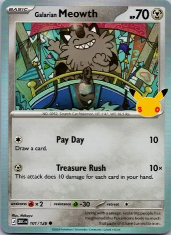 Galarian Meowth Pokémon card, 30th Celebration number 101/128