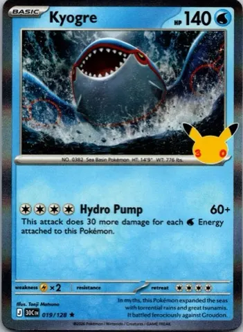 Kyogre Pokémon card, 30th Celebration number 019/128