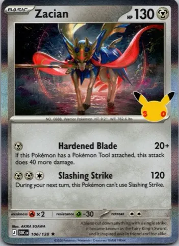 Zacian Pokémon card, 30th Celebration number 106/128