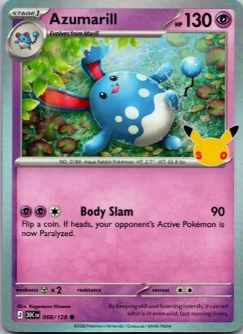 Azumarill Pokémon card, 30th Celebration number 068/128