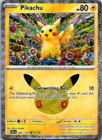 Pikachu Pokémon card, 30th Celebration number 040/128