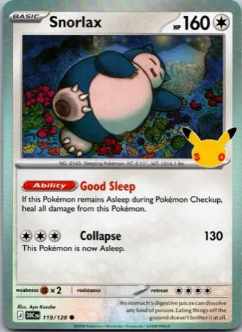 Snorlax Pokémon card, 30th Celebration number 119/128