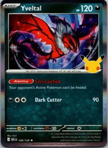Yveltal Pokémon card, 30th Celebration number 100/128