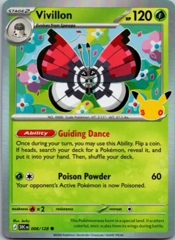 Vivillon Pokémon card, 30th Celebration number 008/128
