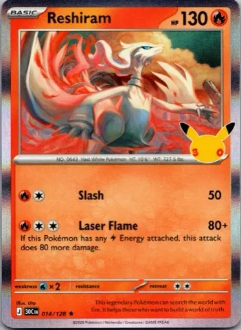 Reshiram Pokémon card, 30th Celebration number 014/128