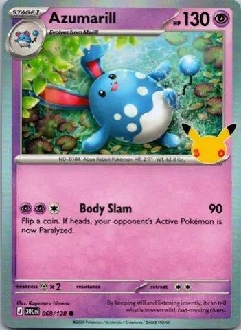 Azumarill Pokémon card, 30th Celebration number 068/128