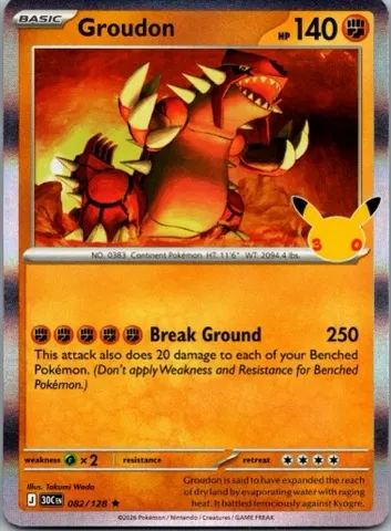 Groudon Pokémon card, 30th Celebration number 082/128