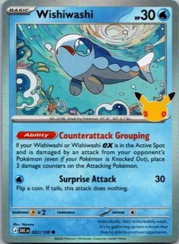 Wishiwashi Pokémon card, 30th Celebration number 022/128