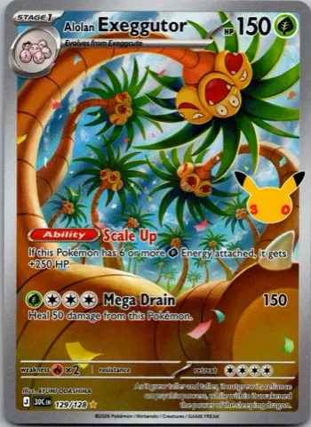 Alolan Exeggutor Pokémon card, 30th Celebration number 129/128