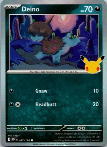 Deino Pokémon card, 30th Celebration number 097/128