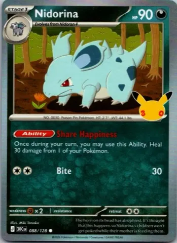 Nidorina Pokémon card, 30th Celebration number 088/128