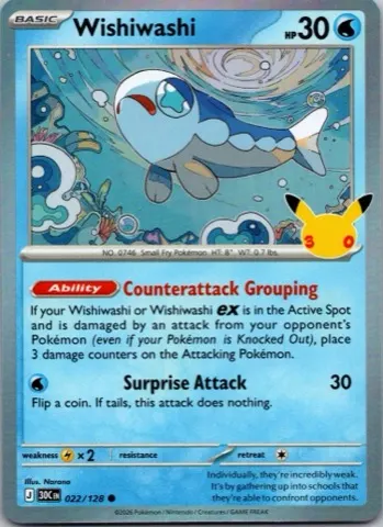 Wishiwashi Pokémon card, 30th Celebration number 022/128
