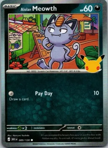 Alolan Meowth Pokémon card, 30th Celebration number 089/128