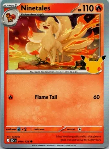 Ninetales Pokémon card, 30th Celebration number 010/128