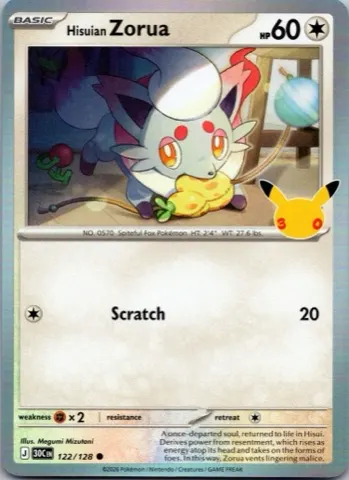 Hisuian Zorua Pokémon card, 30th Celebration number 122/128