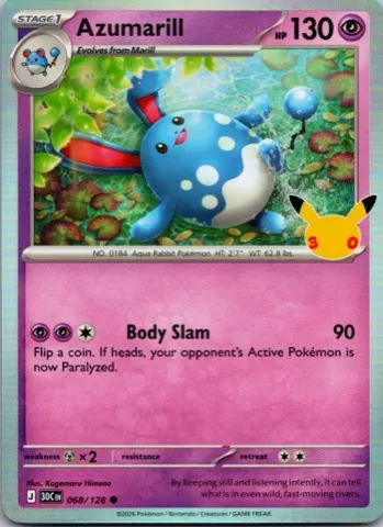 Azumarill Pokémon card, 30th Celebration number 068/128