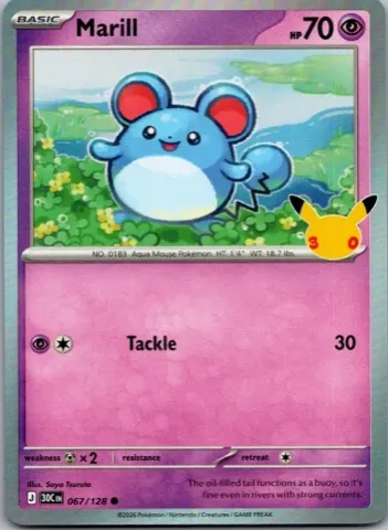 Marill Pokémon card, 30th Celebration number 067/128