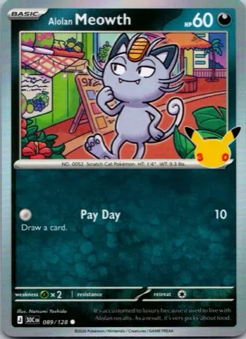 Alolan Meowth Pokémon card, 30th Celebration number 089/128
