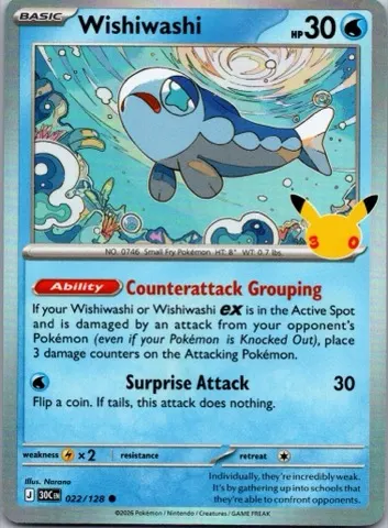 Wishiwashi Pokémon card, 30th Celebration number 022/128
