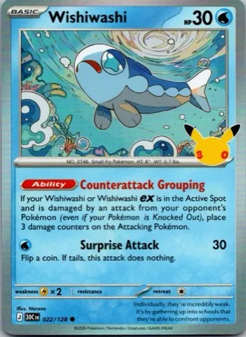 Wishiwashi Pokémon card, 30th Celebration number 022/128