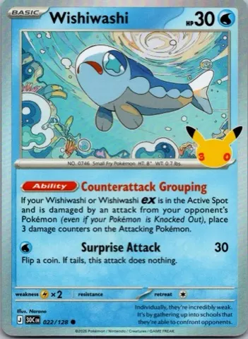 Wishiwashi Pokémon card, 30th Celebration number 022/128