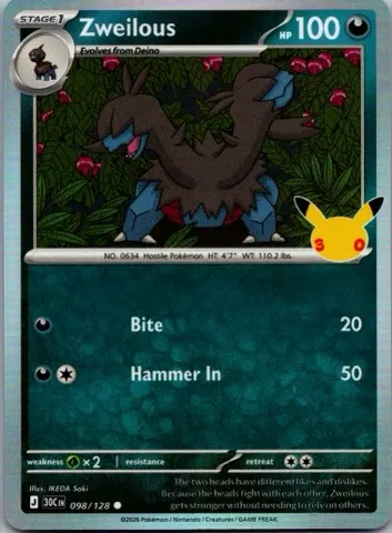 Zweilous Pokémon card, 30th Celebration number 098/128