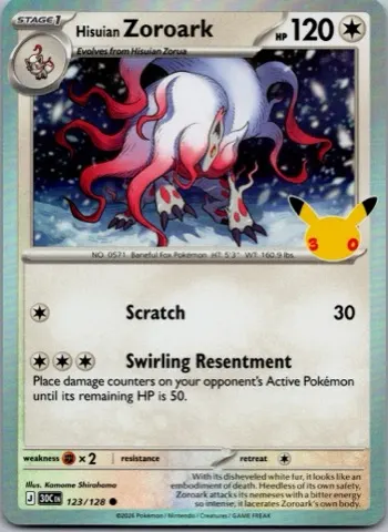 Hisuian Zoroark Pokémon card, 30th Celebration number 123/128