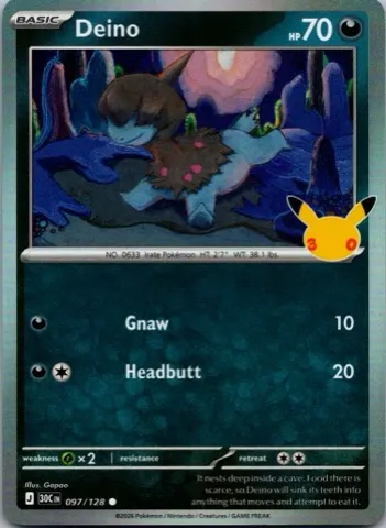 Deino Pokémon card, 30th Celebration number 097/128