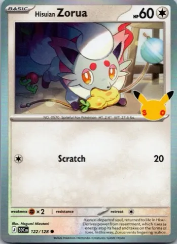 Hisuian Zorua Pokémon card, 30th Celebration number 122/128