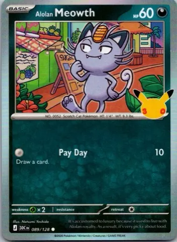 Alolan Meowth Pokémon card, 30th Celebration number 089/128