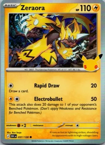 Zeraora Pokémon card, 30th Celebration number 057/128