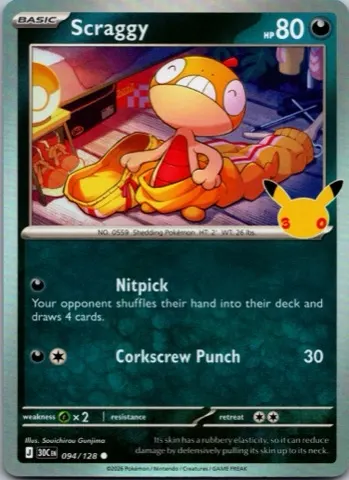Scraggy Pokémon card, 30th Celebration number 094/128