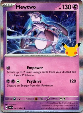 Mewtwo Pokémon card, 30th Celebration number 063/128