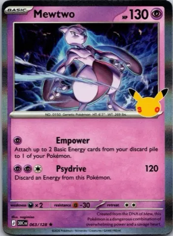 Mewtwo Pokémon card, 30th Celebration number 063/128