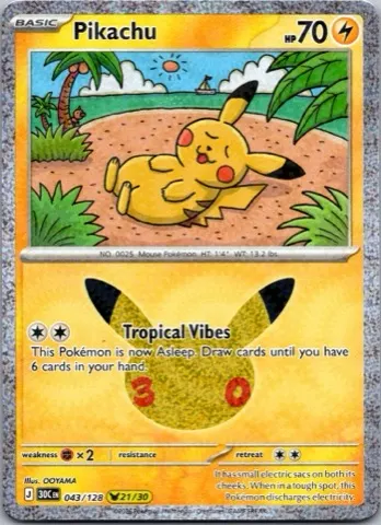 Pikachu Pokémon card, 30th Celebration number 043/128