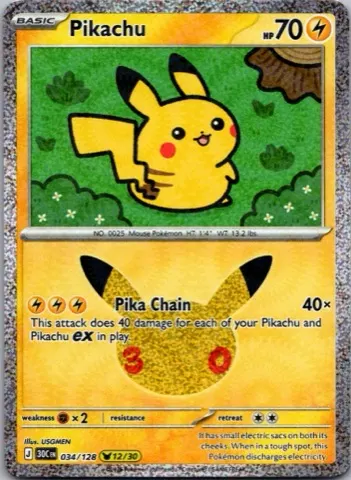 Pikachu Pokémon card, 30th Celebration number 034/128