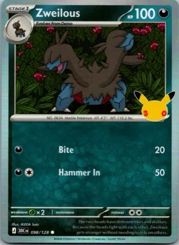 Zweilous Pokémon card, 30th Celebration number 098/128