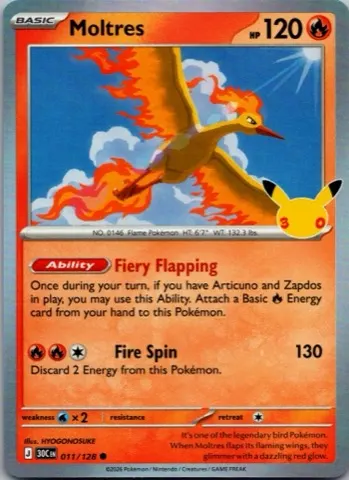 Moltres Pokémon card, 30th Celebration number 011/128