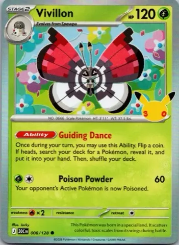 Vivillon Pokémon card, 30th Celebration number 008/128