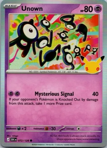 Unown Pokémon card, 30th Celebration number 072/128
