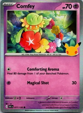 Comfey Pokémon card, 30th Celebration number 077/128