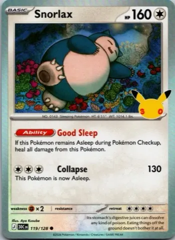 Snorlax Pokémon card, 30th Celebration number 119/128