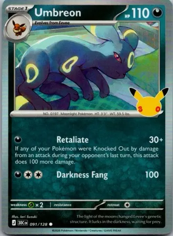 Umbreon Pokémon card, 30th Celebration number 091/128